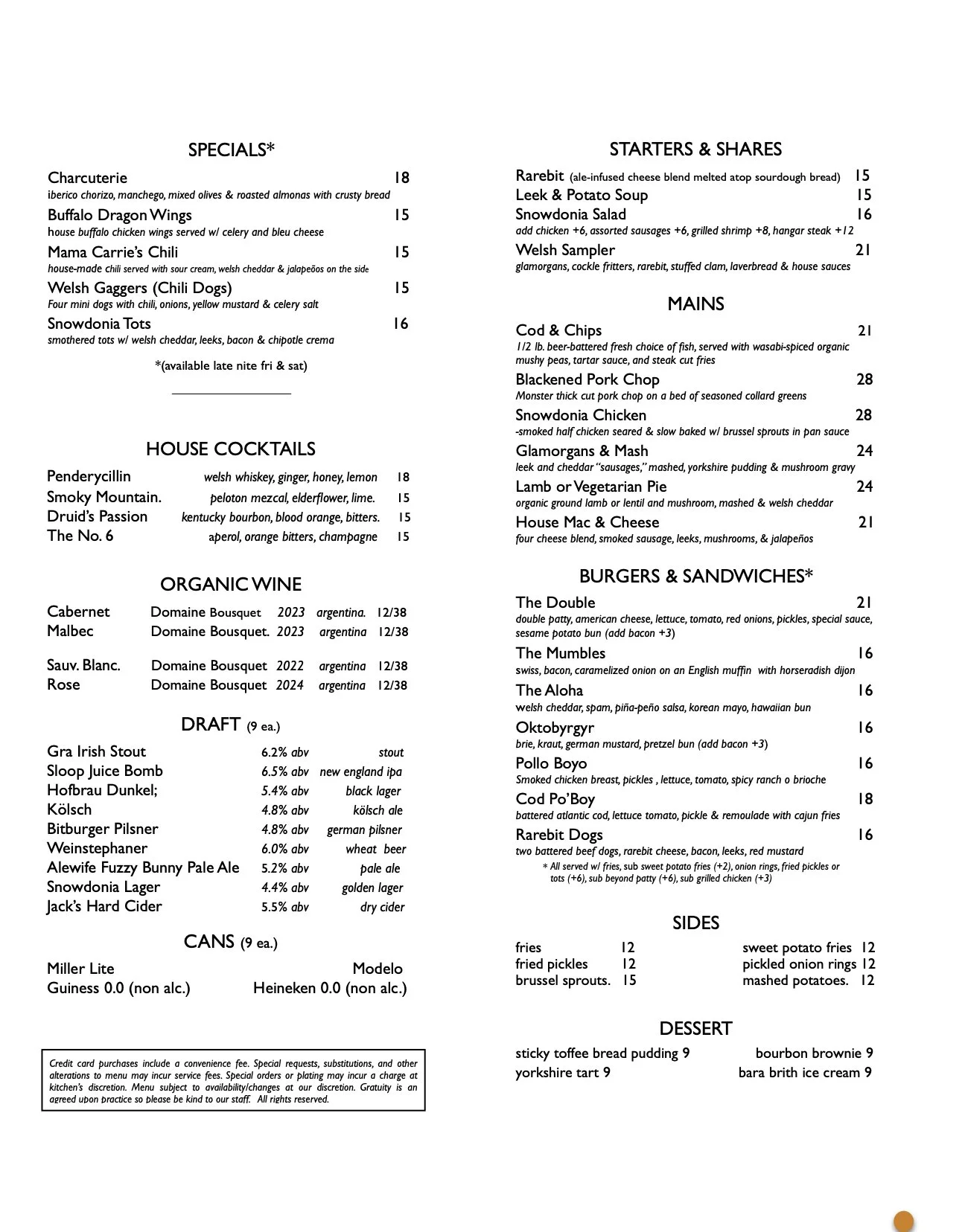 Spring 2025 Menu Snowdonia Pub